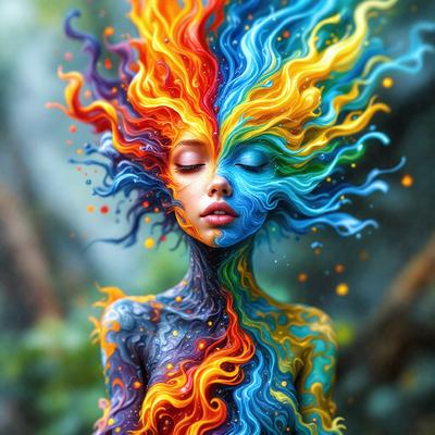 The primary subject of the image is a woman with a vibrant and colorful appearance. She has a mix of blue, yellow, and orange colors on her face, creating a unique and eye-catching look. The setting is a forest, with trees visible in the background. The visual style of the image is a combination of digital art and illustration, giving it a surreal and artistic feel. The overall atmosphere of the image is lively and energetic, with the woman's vivid colors and the forest'